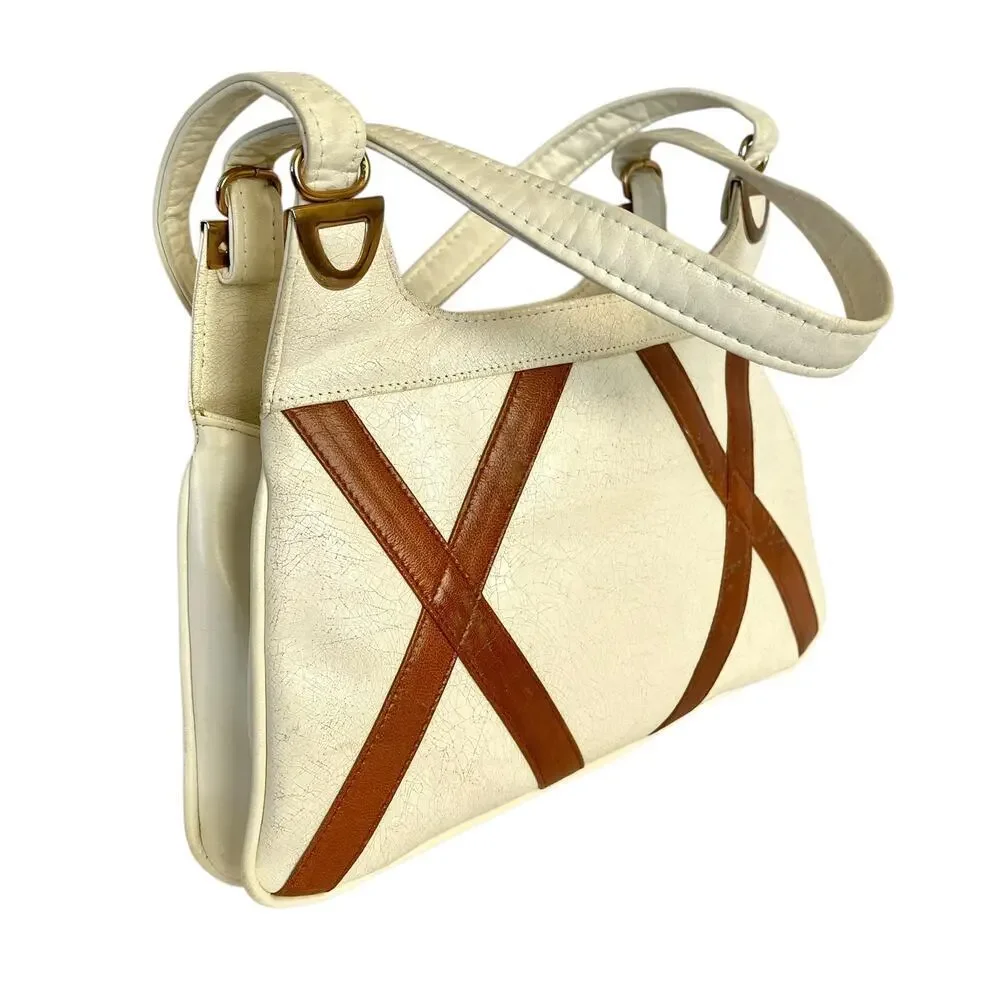 Vintage Ivory White Leather Criss-Cross Accent Frame Handbag Satchel